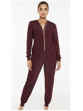 Savage x Fenty Sleep & Shine Metallic Long Sleeve Zip-Front PJ Jumpsuit Red 1X